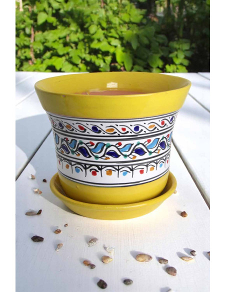 Flared yellow ceramic planter with saucer