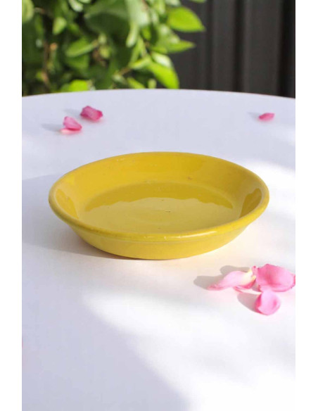 Flared yellow ceramic planter with saucer