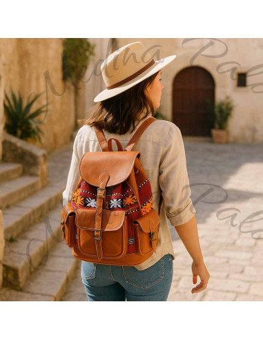 Caramel Leather and Red Kilim Backpack