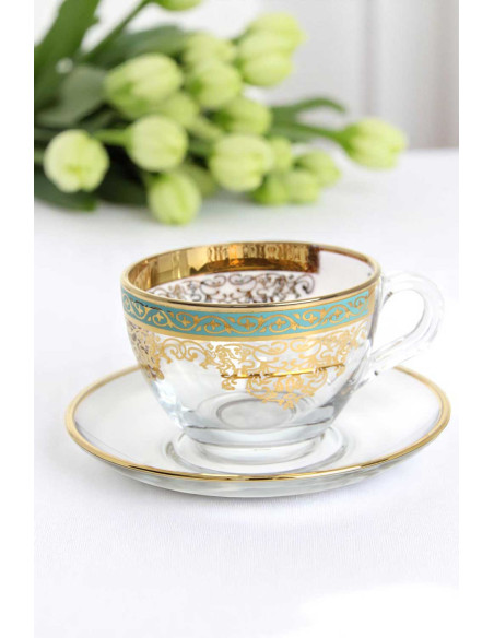 Tasse à café turc avec soucoupe – Bandeau vert et or