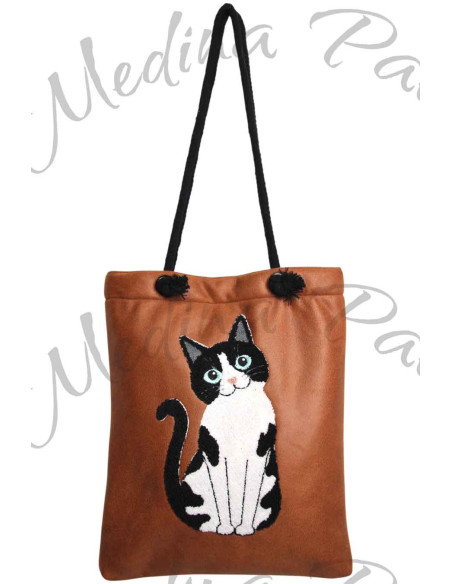 Tote bag caramel à chat noir et blanc