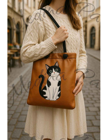 Tote bag caramel à chat noir et blanc