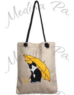 Tote bag à chat au parapluie jaune 2
