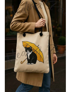 Tote bag à chat au parapluie jaune