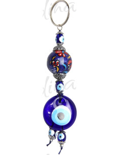 Blue eye keychain with painted blue and red bead