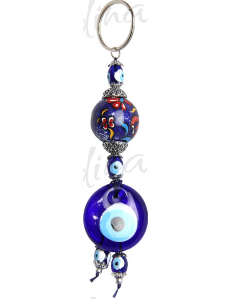 Blue eye keychain with painted blue and red bead