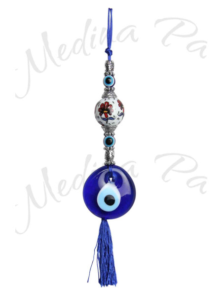Hanging blue eye, blue tassel and red flower bead
