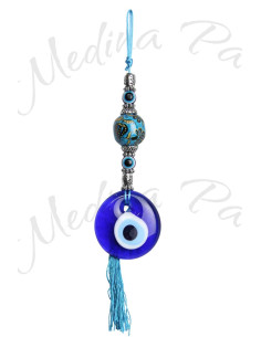 Œil bleu à suspendre, pompon bleu ciel et perle turquoise