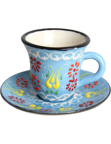 Tasse à café turque bleu ciel à fleurs rouges