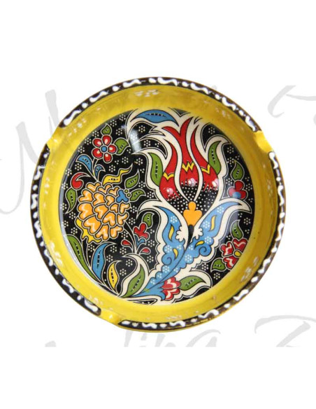 Cendrier coloré jaune à décor floral intérieur