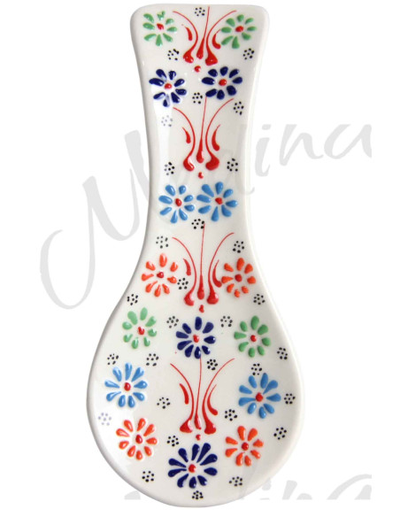 White Turkish spoon rest with red, blue and green flowers