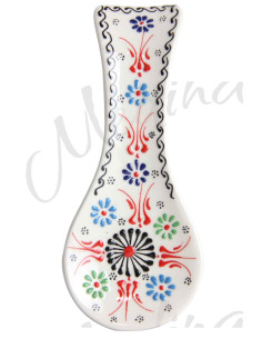 White Turkish spoon rest with black rosette and red tulips