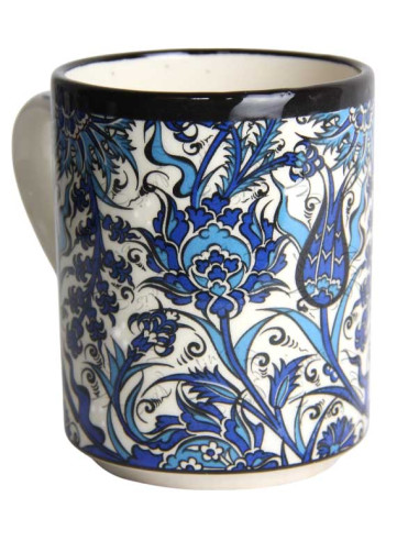 White mug with blue flowers and foliage