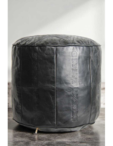 Pouf marocain en cuir noir fait main – Ø 18 po,...