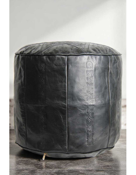 Pouf marocain en cuir noir fait main – Ø 18 po, H 16 po
