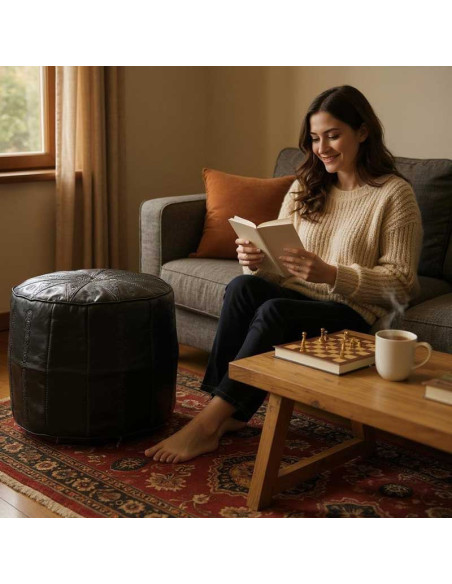 Pouf marocain en cuir noir fait main – Ø 18 po, H 16 po