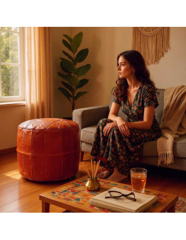 Moroccan Casablanca Leather Pouf, Caramel – Ø...