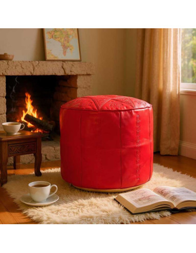 Moroccan Casablanca Leather Pouf, Red – Ø 18 in