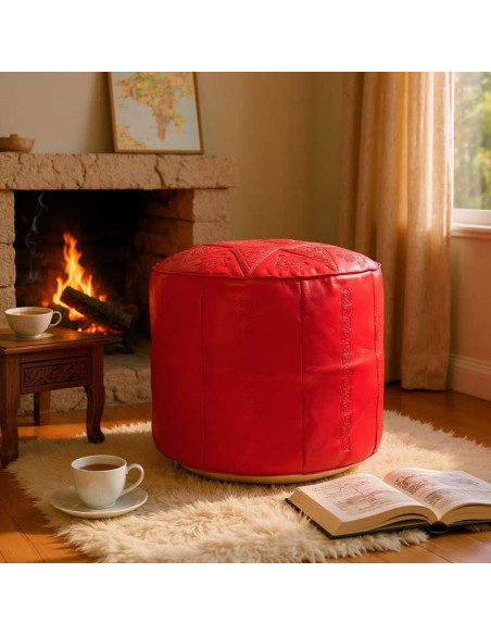 Pouf marocain Casablanca en cuir rouge – Ø 18 po
