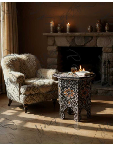 Moroccan resin end table with copper inlays