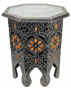 Table marocaine en résine noire, fleurs orange
