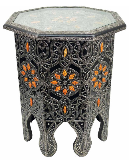 Moroccan resin end table with copper inlays