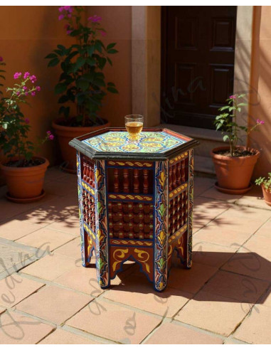 Blue and Red Painted Wood Moroccan Table