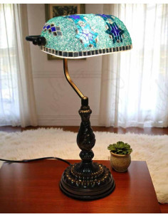 Lampe de banquier turque en mosaïque turquoise à étoiles...