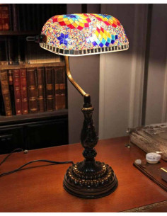 Turkish Multicolor Mosaic Banker's Lamp with rosettes