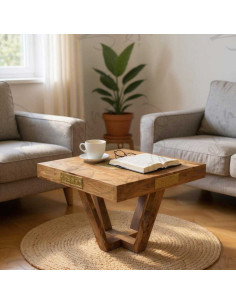 Table basse carrée en noyer et cuivre, 70 x 70 cm 2