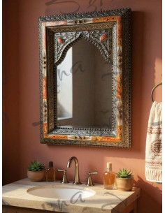 Miroir marocain à arche, cadre orange incrusté 2