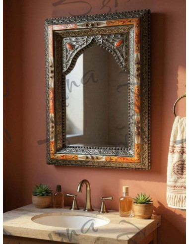 Miroir marocain à arche, cadre orange incrusté