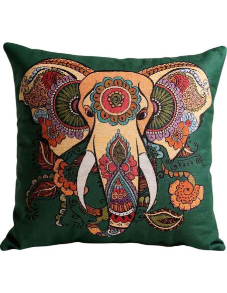 Green Decorated Elephant Cushion Cover, 17 x 17 in