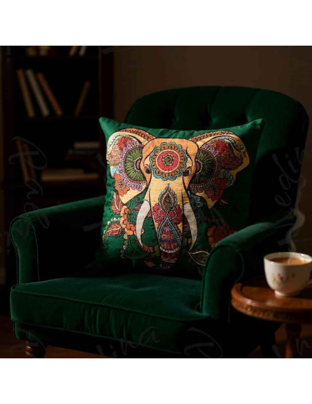Housse de coussin éléphant décoré vert, 17 x 17 po