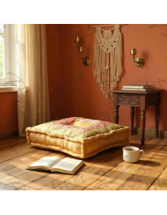 Khaki and Orange Brocade Floor Cushion, 18 x 18 in 2