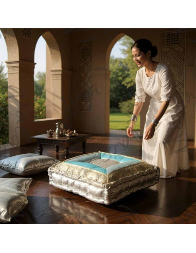 Sky Blue and Silver Brocade Floor Cushion, 18 x...