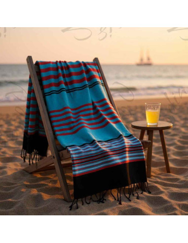 Turquoise fouta with red stripes
