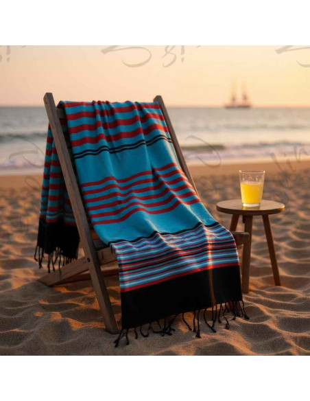Fouta turquoise à rayures rouges