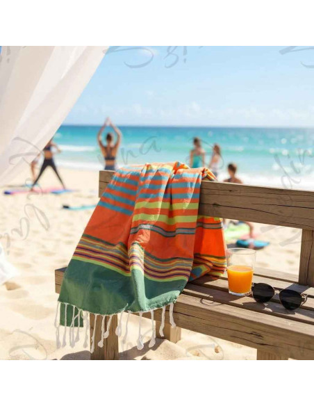 Fouta orange et verte rayée
