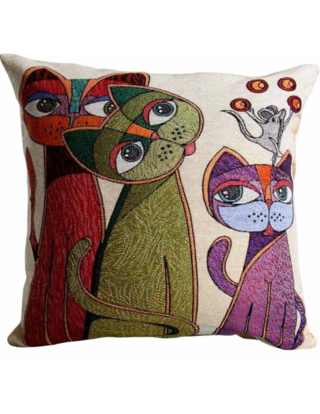 Housse de coussin trois chats et souris, 17 x 17 po