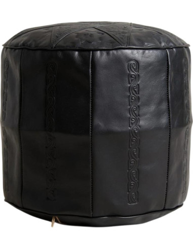 Pouf marocain en cuir noir fait main – Ø 18 po,...
