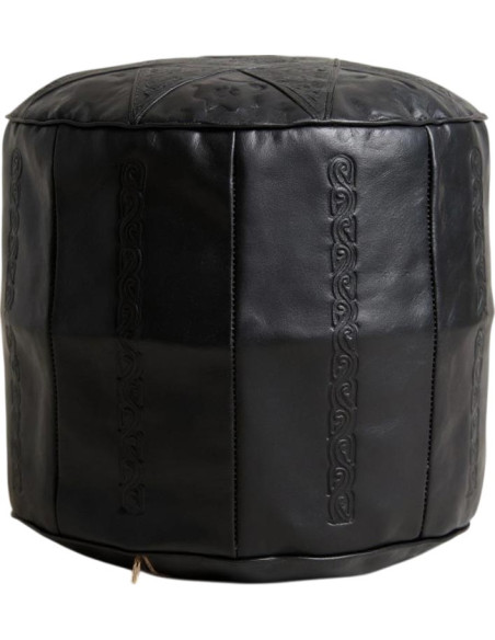 Pouf marocain en cuir noir fait main – Ø 18 po, H 16 po