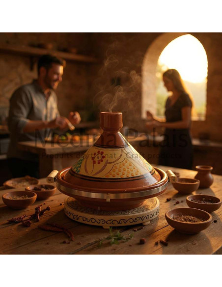 Hand-Painted Moroccan Clay Tagine 33 cm (13 in) – Serves 6 to 8, Flower & Dots