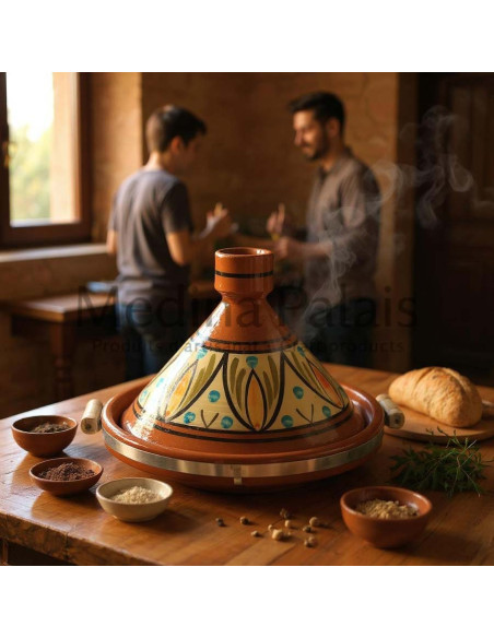 Tajine marocain en terre cuite 33 cm (13 po) – 6 à 8 personnes, feuilles tricolores