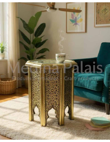Table marocaine octogonale dorée, Ø 17,5 po