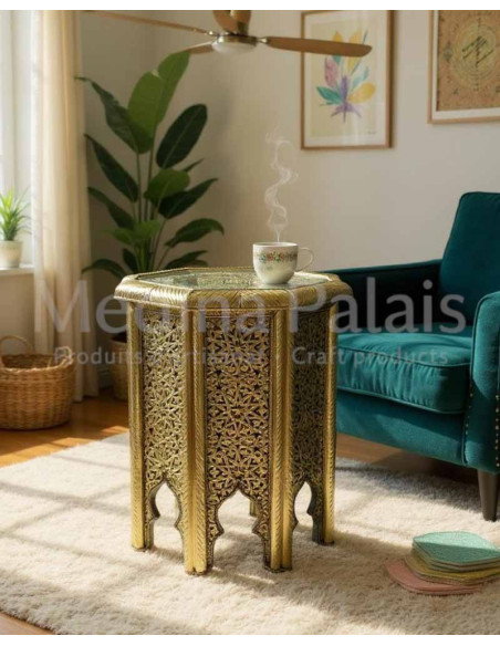 Table marocaine octogonale dorée, Ø 17,5 po