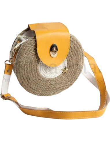 Round plant-fibre crossbody bag with yellow...