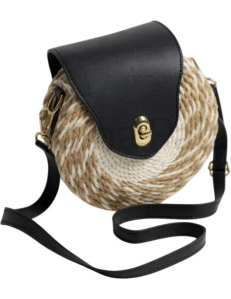 Sac rond en fibre végétale à rabat en cuir noir