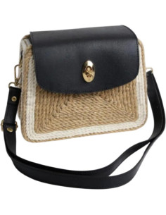 Sac rectangulaire en fibre végétale à rabat en cuir noir 2