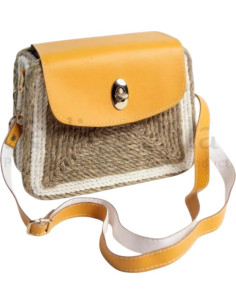 Rectangular plant-fibre crossbody bag with yellow leather... 2
